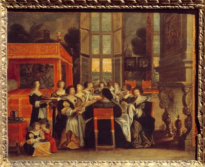 夫のいないところでの女性たちの会話。アブラハム・ボッセ(1602-1676)による夕食の絵 17世紀の江頭園。国立ルネッサンス美術館 作： Abraham (after) Bosse