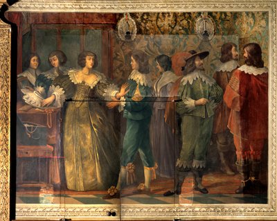 アングレーム公シャルル・ド・ヴァロワ（1573-1650）の生涯の一場面 - 1644年にシャルル・ド・ヴァロワが2番目の妻と結婚した際に与えられたパーティーシーン - 宮廷人に声をかけられた女性が首輪をかけるために逮捕される - アブラによるフレスコ画 作： Abraham (after) Bosse