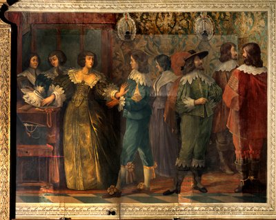 アングレーム公シャルル・ド・ヴァロワ（1573-1650）の生涯の一場面 - 1644年にシャルル・ド・ヴァロワが2番目の妻と結婚した際に与えられたパーティーシーン - 宮廷人に声をかけられた女性が首輪をかけるために逮捕される - アブラによるフレスコ画 作： Abraham (after) Bosse