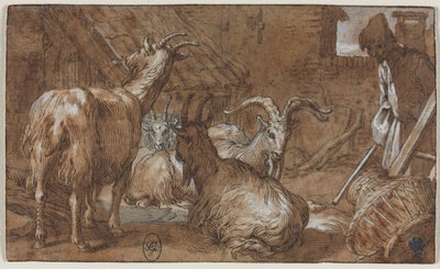 山羊と山羊のいる納屋c。 1610-1615。 作： Abraham Bloemaert