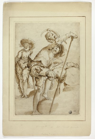 立っている兵士、立っている女性、しゃがんでいるドラマー 作： Abraham Bloemaert