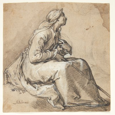 祈りに満ちた謙遜の姿勢で、右向きに座っている女性 作： Abraham Bloemaert