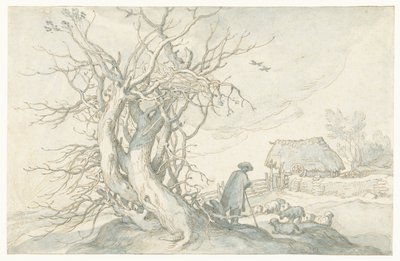 枯れ木の近くの羊と羊飼い 作： Abraham Bloemaert