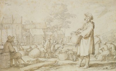市場シーン（紙にペンとインク） 作： Abraham Bloemaert