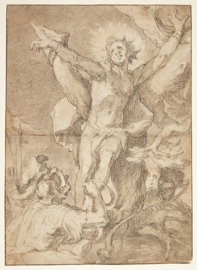 聖セバスチャンはローマの兵士によって木に縛られています 作： Abraham Bloemaert