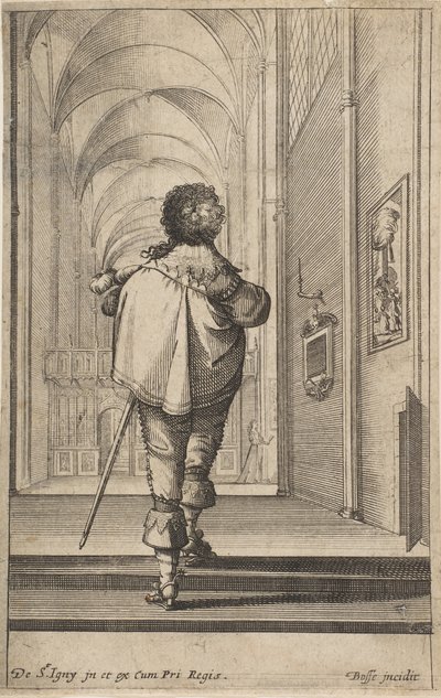 教会に入って後ろから見た紳士。 1629年。 作： Abraham Bosse