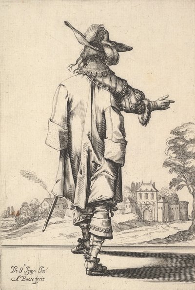 右腕を伸ばし、左腕にマントをかぶった後ろ姿の紳士、1629年。 作： Abraham Bosse