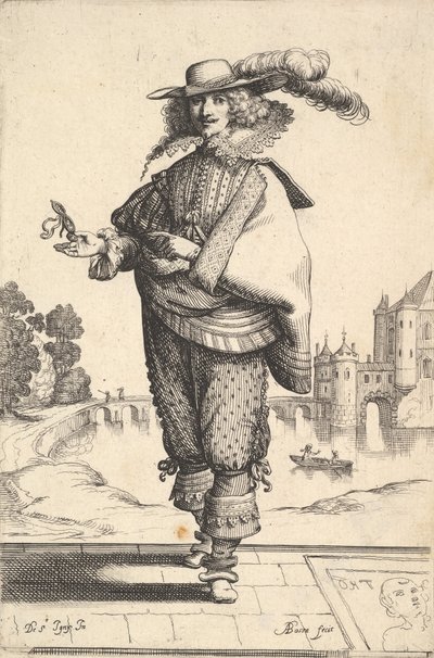 大きなお城の前に立って、羽毛の帽子とレースの首輪をかぶった紳士...、1629年。 作： Abraham Bosse