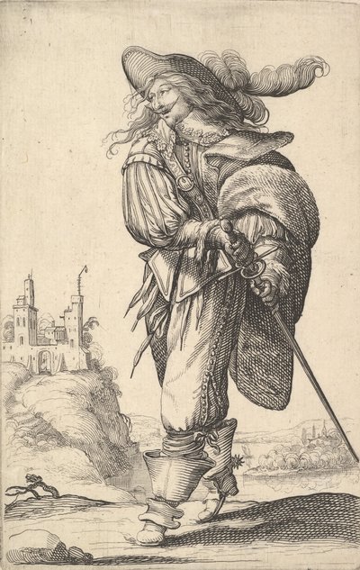 左に向かって歩き、鞘から剣を抜き、プルを身に着けている紳士、1629. 作： Abraham Bosse