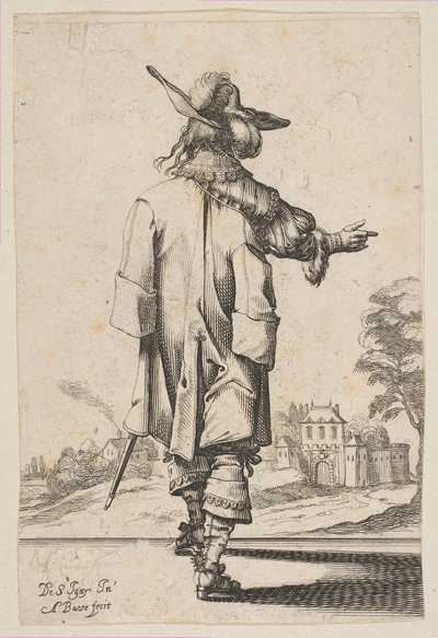 シャトーに向かって後ろを向いた紳士、1629年。 作： Abraham Bosse