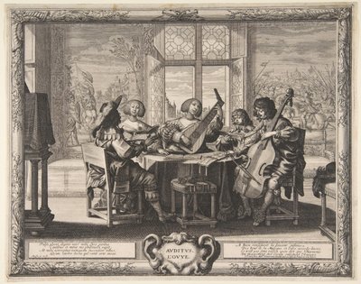 聴覚、約。 1638年。 作： Abraham Bosse