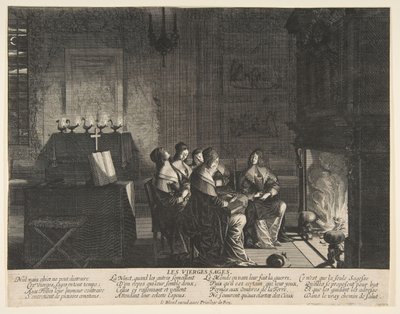 夫の到着を待っている間に休んでいる賢明な処女1635年。 作： Abraham Bosse