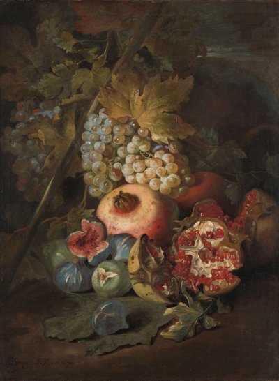 風景の中のブドウ、ザクロ、イチジクの房 作： Abraham Brueghel