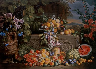 チェリー、スイカ、桃、アプリコット、プラム、ザクロとフィギュアのある静物画 作： Abraham Brueghel