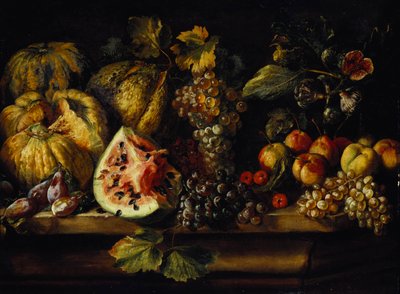 ウォーターメロン、ブドウ、プラム、桃、チェリー、その他の果物の棚上の静物 作： Abraham Brueghel