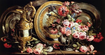 Asetelma hopeaa ja kukkia, Abraham Brueghel (1631-1697), öljy paneelille 作： Abraham Brueghel