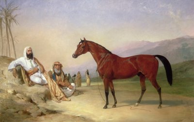 砂漠でベイ・アラブ・スタリオンを連れた2人のベドウィン 作： Abraham Cooper