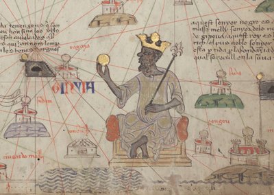 カタルーニャアトラスの詳細、シート6、マンサムーサの即位、1375年 作： Abraham Cresques