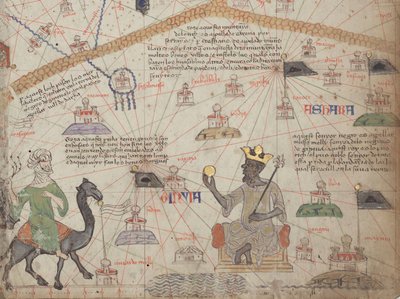1375年の西サハラとマンサムーサを示すカタロニアアトラスのシート6の詳細 作： Abraham Cresques