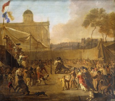 町の広場でクマの餌を見る群衆 作： Abraham Danielsz. Hondius