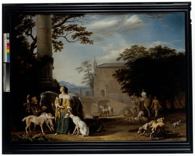 猟師とその家畜が水場で休んでいる森の風景。 作： Abraham Danielsz. Hondius