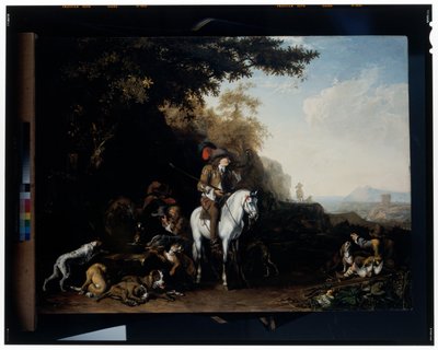 水桶のそばで休む狩猟隊と射撃するスポーツマンのいる広大な風景 作： Abraham Danielsz. Hondius