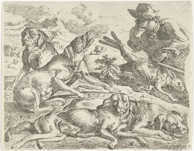 4匹の犬、ハンター、ウサギ 作： Abraham Danielsz. Hondius