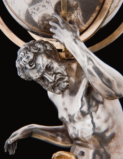 ヘラクレスとアトラスに支えられた2つの優れた地球儀と天球儀、アウグスブルク 作： Abraham Drentwett