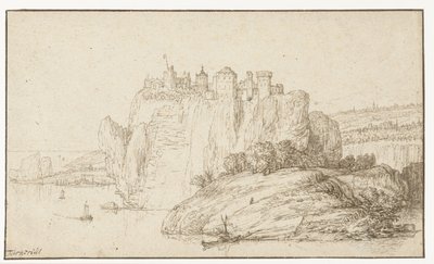 川の風景の中の岩の上の城 作： Abraham Furnerius