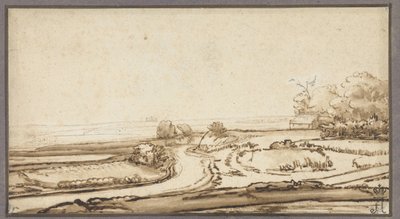 森の端にある道路と家のあるなだらかな風景 作： Abraham Furnerius