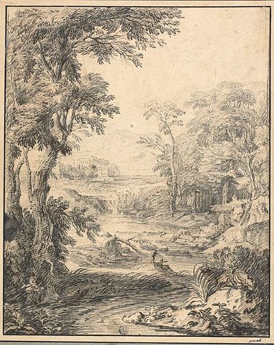 川の風景、前景に二人の人物、遠景に城 作： Abraham Genoels II