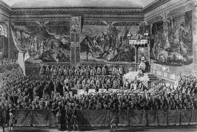 フランス革命の最初の出来事。1787年8月6日、フランス国王ルイ16世（1754-1793）によりヴェルサイユで開催された「正義の床」。アブラハム・ジラルデによる図面と彫刻。パリ、革命史研究所付属図書館 作： Abraham Girardet