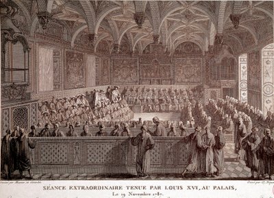 フランス革命の最初の出来事。11月19日、ルイ16世（1754-1793）がヴェルサイユ宮殿で開いた臨時会議 作： Abraham Girardet
