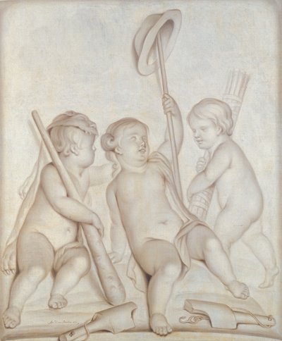 3つの天使（グリザイユ）、ヘラクレスと水星の属性を持つプッティ、1767 作： Abraham Hendrick van Beesten