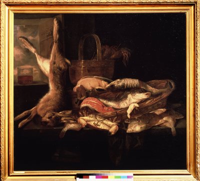 アブラハム・ヘンドリックス・ヴァン・ベイレン作「魚と死んだウサギのある静物」（1620/21-1690）（ec. hol.） 17世紀 プーシキン美術館、モスクワ 作： Abraham Hendricksz van Beyeren