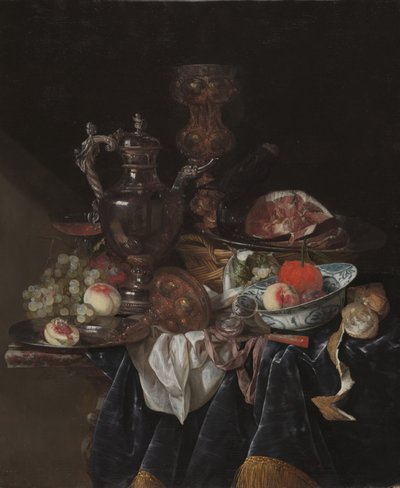 シルバーワインジャグ、ハム、フルーツ、1660〜1666年 作： Abraham Hendricksz van Beyeren