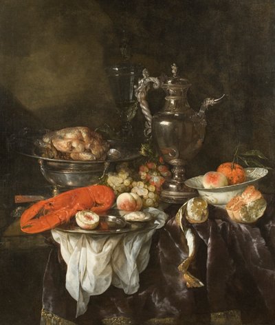ロブスター・果物・銀・中国製陶器のある静物画 1660年頃（油彩・キャンバス 作： Abraham Hendricksz van Beyeren