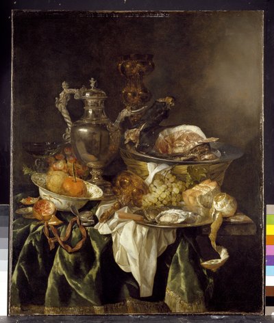 アーティストの肖像を反映したシルバーワインジャーのある静物 作： Abraham Hendricksz van Beyeren