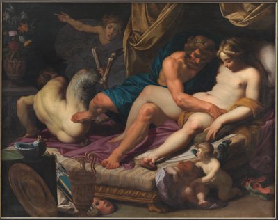 オムファレのベッドからファウナスを追い出すヘラクレス 作： Abraham I Janssens