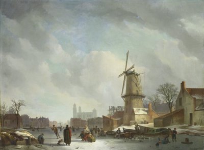 街の凍った運河で戯れる 作： Abraham Johannes Couwenberg