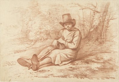 木のそばに帽子と杖を持って座っている男の子 作： Abraham Johannes Ruytenschildt