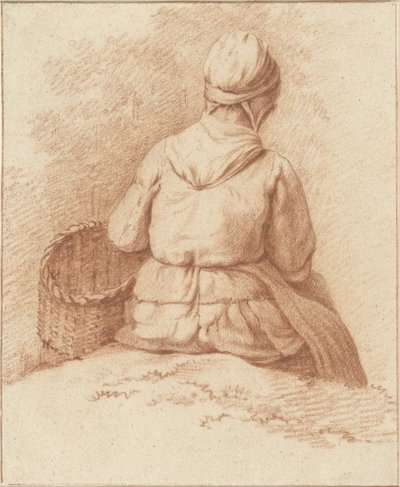 後ろから見た、腕にバスケットを持って座っている漁師の女性 作： Abraham Johannes Ruytenschildt