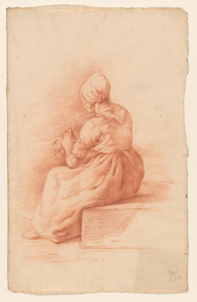 後ろから見た、帽子をかぶった着席女性 作： Abraham Johannes Ruytenschildt