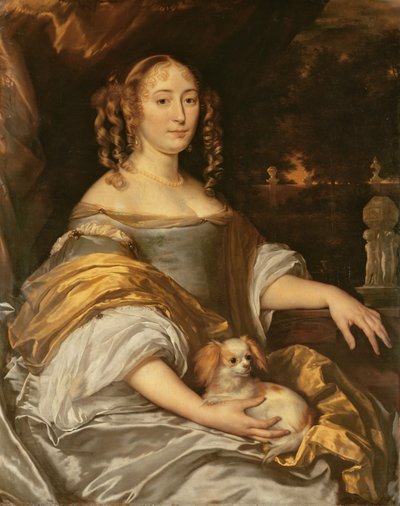 ラップドッグと青いドレスの若い女性の肖像画 作： Abraham Lambertsz van den Tempel