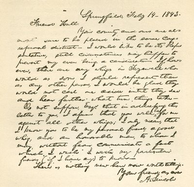 1843年2月14日付のエイブラハムリンカーンからオールデンホールへの手紙 作： Abraham Lincoln