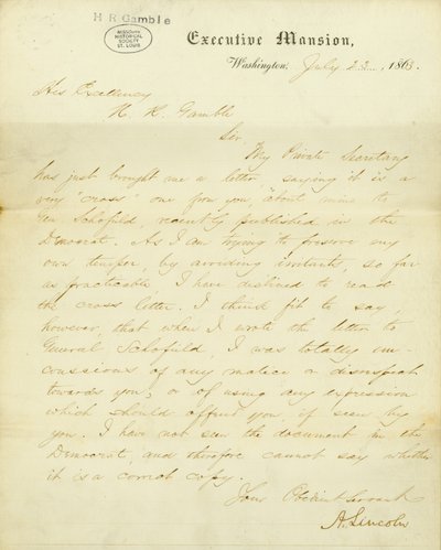 1863年7月23日、ワシントンの大統領官邸にいるA.リンカーンからH.R.ギャンブル閣下への署名入り書簡 作： Abraham Lincoln