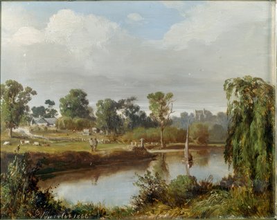 セーリングボートのある川（オーストラリアの田舎町、メルボルン周辺） 作： Abraham-Louis Buvelot