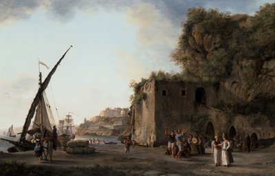 ペア音楽を演奏する商人と船乗りがいる港の風景 作： Abraham Louis Rudolph Ducros