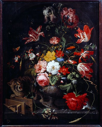 花瓶を倒す猫。アブラハム・ミニョン（1640-1679）による絵画。 作： Abraham Mignon