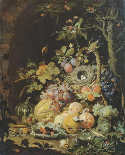 ドイツ語：Ein Vogelnest im Fruchtkorb フルーツバスケットの中の鳥の巣 作： アブラハム・ミニョン